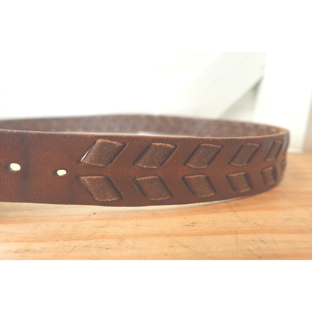 Brown Leather Chevron Braided Belt Men's XL Copper Buckle Two-Tone Vintage Boho